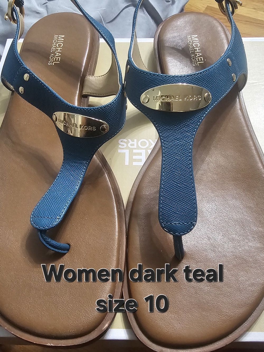 Michael Kors Dark Teal T-Strap Sandals with Gold Plate